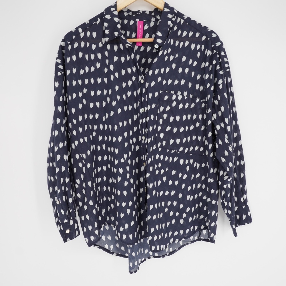 Zaket and Plover Button Up Shirt  S Blue Hearts Cotton Lightweight Oversized